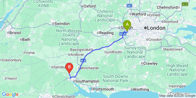 Map: London Heathrow Airport (LHR) to Romsey
