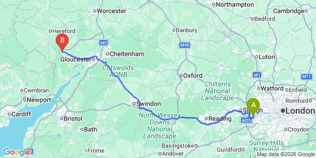 Map: London Heathrow Airport (LHR) to Ross-On-Wye