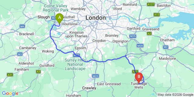 Map: London Heathrow Airport (LHR) to Royal Tunbridge Wells