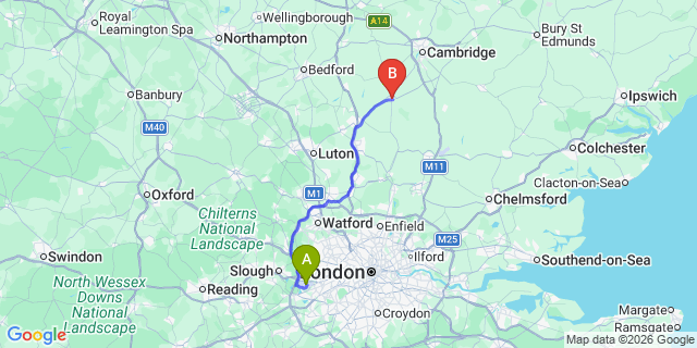 Map: London Heathrow Airport (LHR) to Royston