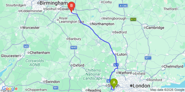 Map: London Heathrow Airport (LHR) to Rugby