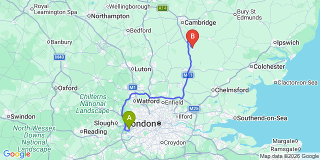Map: London Heathrow Airport (LHR) to Saffron Waldon