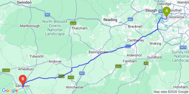Map: London Heathrow Airport (LHR) to Salisbury