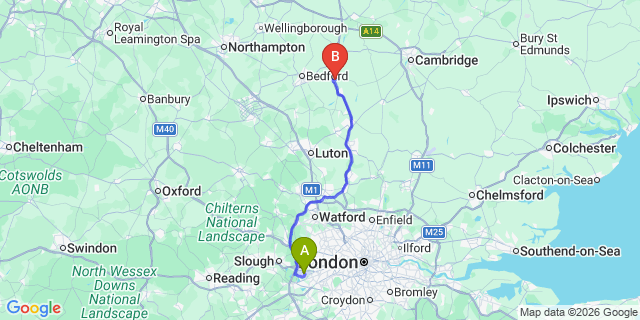 Map: London Heathrow Airport (LHR) to Sandy