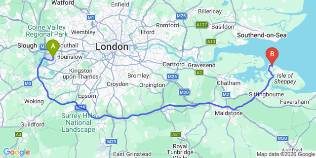 Map: London Heathrow Airport (LHR) to Sheerness