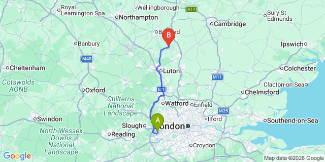 Map: London Heathrow Airport (LHR) to Shefford