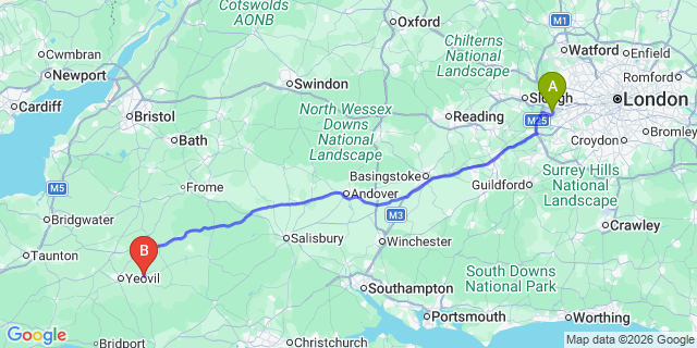 Map: London Heathrow Airport (LHR) to Sherborne