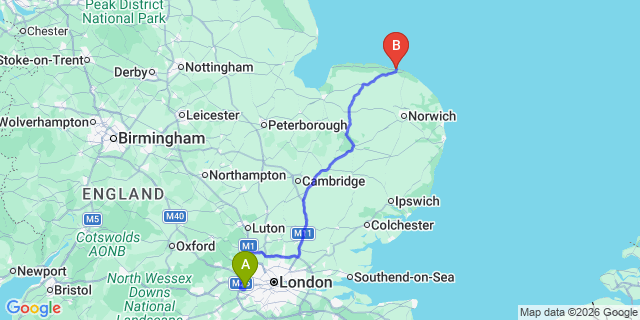 Map: London Heathrow Airport (LHR) to Sheringham