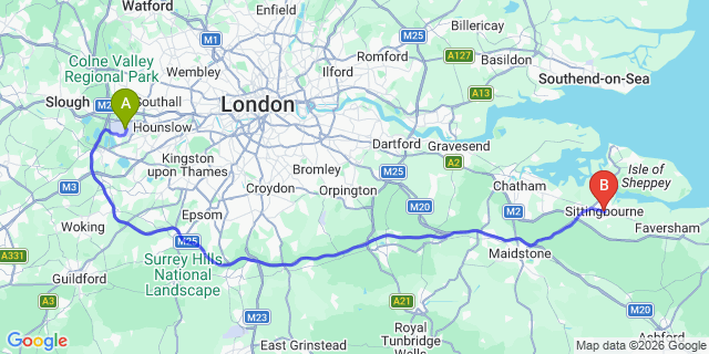 Map: London Heathrow Airport (LHR) to Sittingbourne