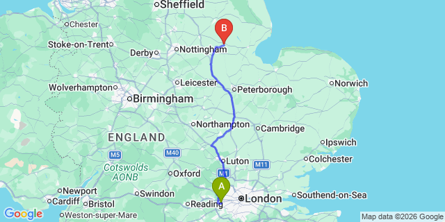 Map: London Heathrow Airport (LHR) to Sleaford