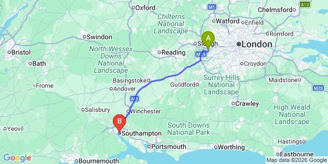 Map: London Heathrow Airport (LHR) to Southampton