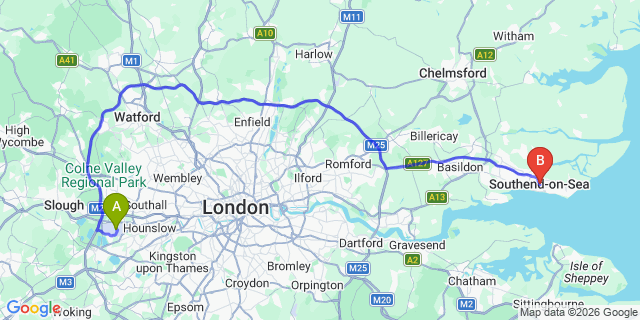 Map: London Heathrow Airport (LHR) to Southend-On-Sea