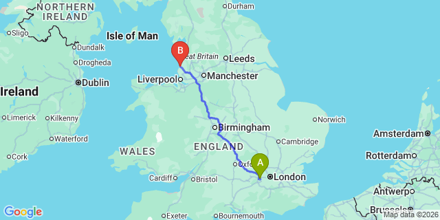 Map: London Heathrow Airport (LHR) to Southport