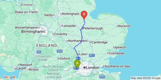 Map: London Heathrow Airport (LHR) to Spalding