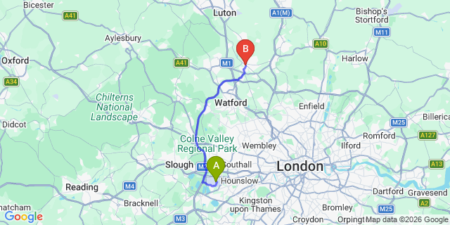 Map: London Heathrow Airport (LHR) to St.Albans