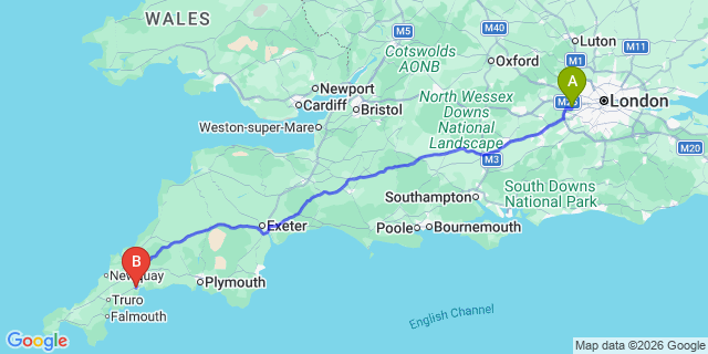 Map: London Heathrow Airport (LHR) to St Austell