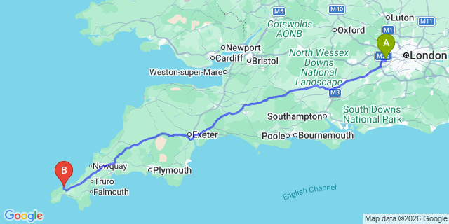 Map: London Heathrow Airport (LHR) to St Ives