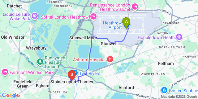 Map: London Heathrow Airport (LHR) to Staines