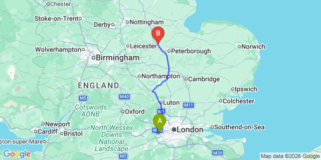Map: London Heathrow Airport (LHR) to Stamford