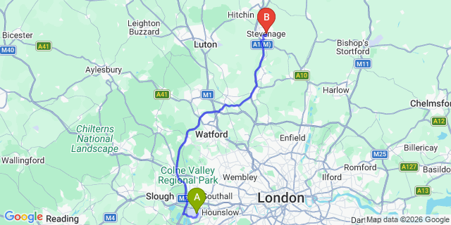 Map: London Heathrow Airport (LHR) to Stevenage