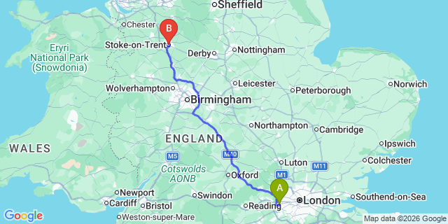 Map: London Heathrow Airport (LHR) to Stoke-On-Trent