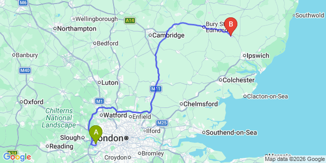 Map: London Heathrow Airport (LHR) to Stowmarket