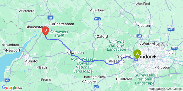 Map: London Heathrow Airport (LHR) to Stroud