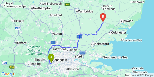 Map: London Heathrow Airport (LHR) to Sudbury