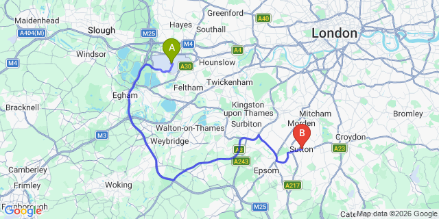 Map: London Heathrow Airport (LHR) to Sutton