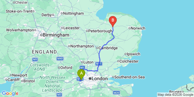 Map: London Heathrow Airport (LHR) to Swaffham