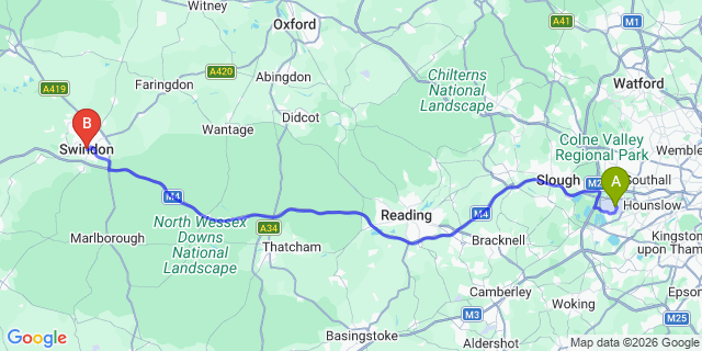 Map: London Heathrow Airport (LHR) to Swindon