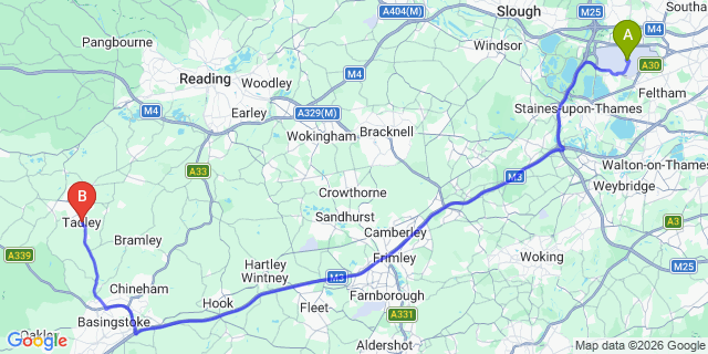 Map: London Heathrow Airport (LHR) to Tadley