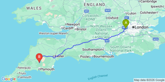 Map: London Heathrow Airport (LHR) to Tavistock