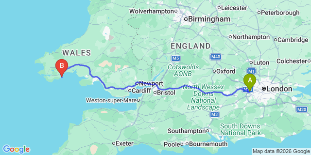 Map: London Heathrow Airport (LHR) to Tenby