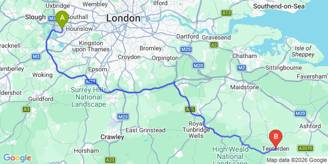 Map: London Heathrow Airport (LHR) to Tenterden