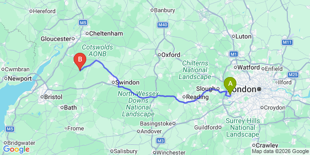 Map: London Heathrow Airport (LHR) to Tetbury