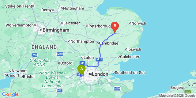 Map: London Heathrow Airport (LHR) to Thetford