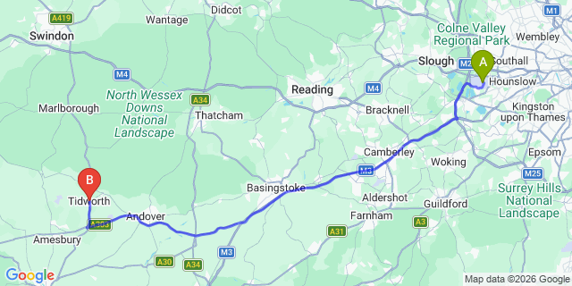 Map: London Heathrow Airport (LHR) to Tidworth