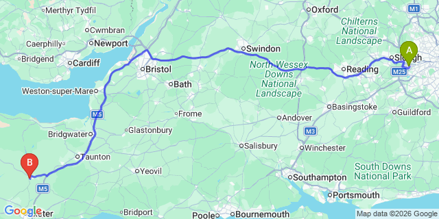 Map: London Heathrow Airport (LHR) to Tiverton