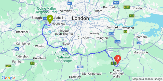 Map: London Heathrow Airport (LHR) to Tonbridge