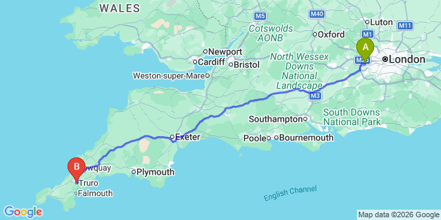 Map: London Heathrow Airport (LHR) to Truro
