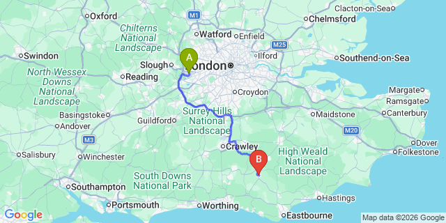 Map: London Heathrow Airport (LHR) to Uckfield