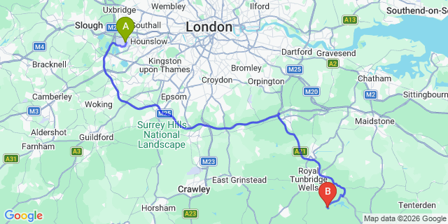 Map: London Heathrow Airport (LHR) to Wadhurst
