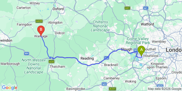 Map: London Heathrow Airport (LHR) to Wantage