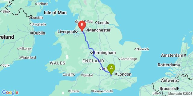 Map: London Heathrow Airport (LHR) to Warrington