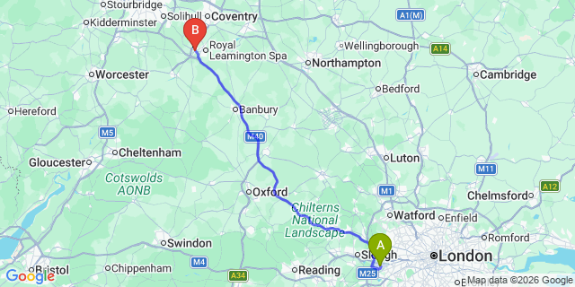 Map: London Heathrow Airport (LHR) to Warwick