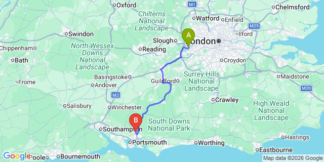 Map: London Heathrow Airport (LHR) to Waterlooville