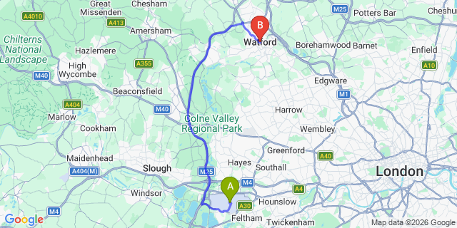 Map: London Heathrow Airport (LHR) to Watford