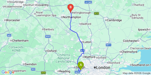 Map: London Heathrow Airport (LHR) to Wellingborough