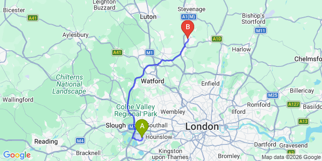 Map: London Heathrow Airport (LHR) to Welwyn Garden City
